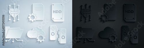 Set Cloud technology data transfer and storage, Hard disk drive HDD, Folder lock, Gamepad, File document and Processor icon. Vector