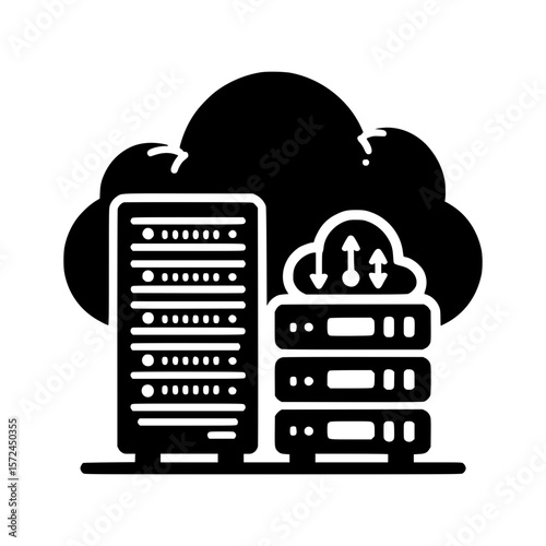 Cloud computing server rack and stacked servers with data transfer arrows