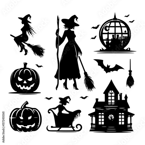 Halloween silhouettes featuring witches pumpkins bats and haunted houses