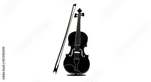 Elegant black violin silhouette with bow, isolated on white background