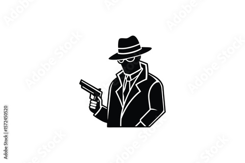 Mysterious Detective Silhouette Holding a Gun in Classic Noir Style Isolated on White Background silhouette