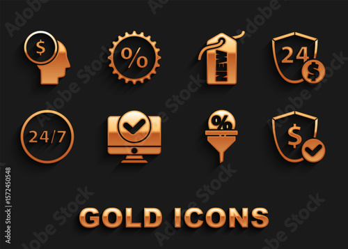 Set Computer monitor, Shield with dollar, Lead management, Clock 24 hours, Price tag New, Business planning mind and Discount percent icon. Vector