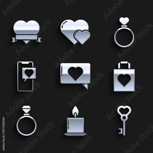 Set Like and heart, Burning candle, Key shape, Shopping bag with, Wedding rings, Smartphone speech bubble, and Heart ribbon icon. Vector