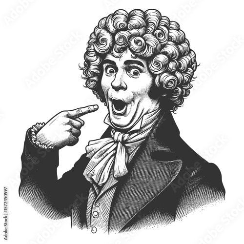 shocked man in elaborate curly wig and 18th-century attire, pointing at himself in disbelief sketch engraving generative ai fictional character vector illustration. Scratch board. Black and white.