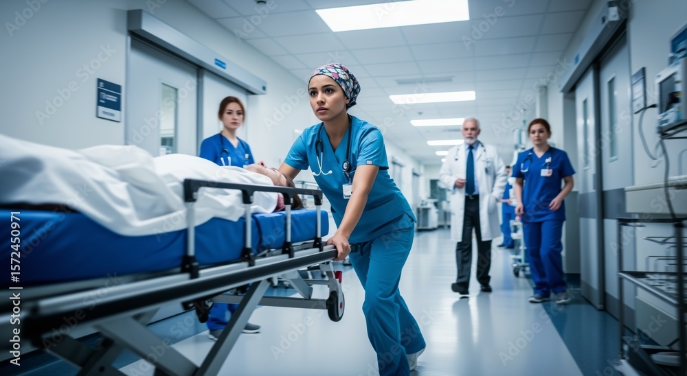 Fototapeta premium Healthcare professionals rushing a patient through a hospital corridor, emphasizing urgency and teamwork – medical care concept.