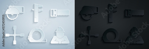 Set Roulette construction, Hand saw, Wheel wrench, Builder, Calliper or caliper scale and Electric circular icon. Vector
