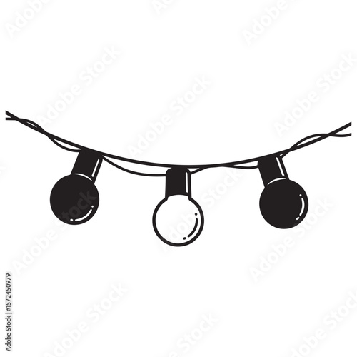 Simple hand drawn string lights illustration in black and white vector graphic element