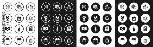 Set Pomegranate, Shopping bag with star of david, Star David, Shield, World Globe and Israel, Torah scroll and icon. Vector