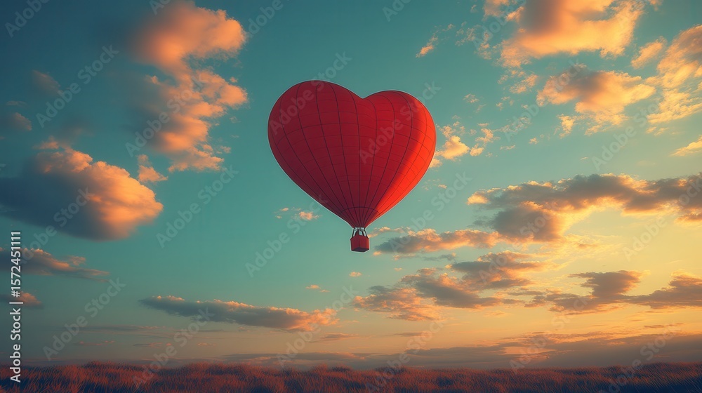 Fototapeta premium Reaching for love soaring high in a heart shaped hot air balloon