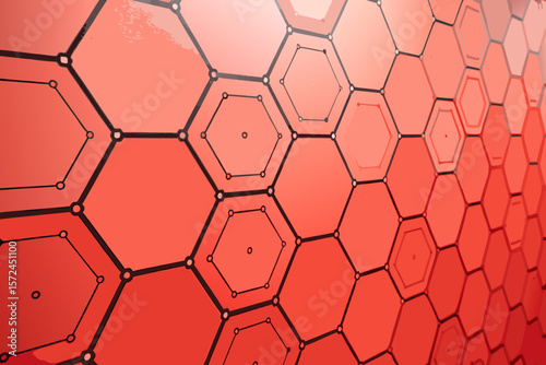 Red Hexagon Grid Pattern, Perspective View, Honeycomb Structure
