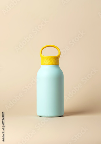 Stylish blue water bottle with a yellow cap stands against a soft beige background, showcasing modern design and functionality for hydration on the go