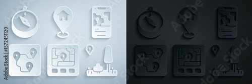 Set Gps device with map, City navigation, Route location, Location house and Compass icon. Vector