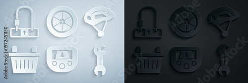 Set Gps device with map, Bicycle helmet, basket, Wrench spanner, wheel and lock icon. Vector