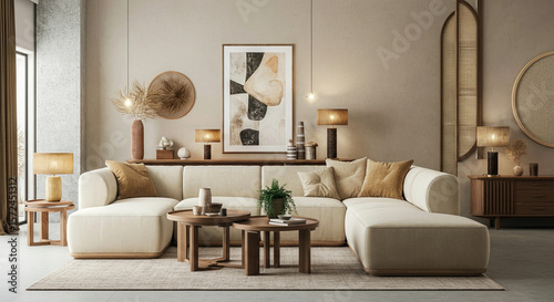 Modern living room featuring a spacious white sectional sofa, wooden coffee tables, decorative lamps, and abstract artwork, creating a cozy and inviting atmosphere for relaxation