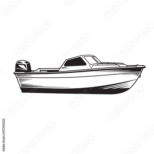 Sleek black and white vector illustration of a modern motorboat on white background