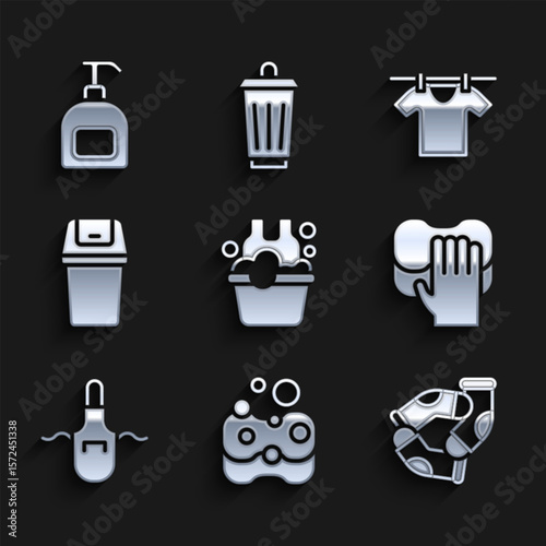 Set Basin with soap suds, Sponge, Socks, Cleaning service, Kitchen apron, Trash can, Drying clothes and Bottle of liquid icon. Vector