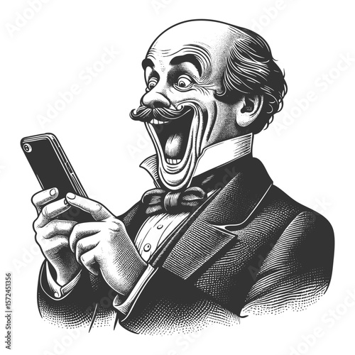 shocked man in Victorian attire, wide-eyed and reacting dramatically while staring at a modern smartphone sketch engraving generative ai vector illustration. Scratch board. Black and white image.