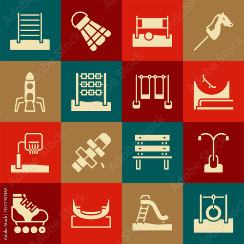 Set Car tire hanging on rope, Street light, Skate park, Volleyball net with ball, Tic tac toe game, Rocket ship, Swedish wall and Double swing icon. Vector
