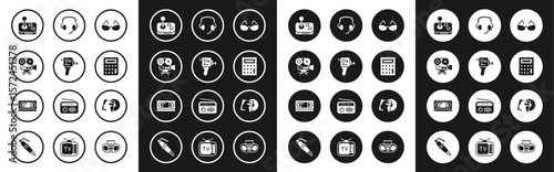 Set Glasses, Retro cinema camera, Joystick, Calculator, Headphones, Vinyl disk and VHS video cassette tape icon. Vector