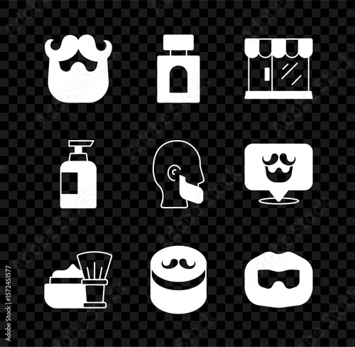 Set Mustache and beard, Aftershave, Barbershop building, Shaving brush with foam, Gel or wax for hair styling, Bottle of shampoo and icon. Vector