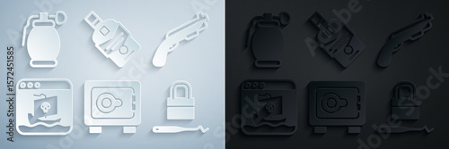 Set Safe, Police shotgun, Internet piracy, Lock picks for lock picking, Whiskey bottle and Hand grenade icon. Vector