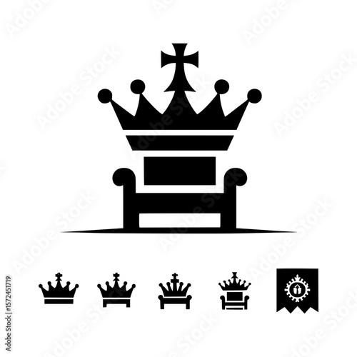 Royal crown and throne icon set with ribbon emblem