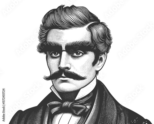 Funny man with thick eyebrows, dressed in formal 19th-century attire sketch engraving generative ai fictional character vector illustration. Scratch board. Black and white image.