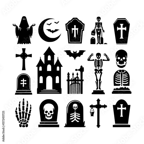 Collection of spooky halloween silhouettes featuring ghosts skeletons and cemeteries
