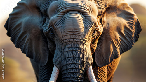 Realistic Wildlife Photography of an African Elephant in the Savanna with Textured Skin, Fan-Shaped Ears, and Blurred Background

