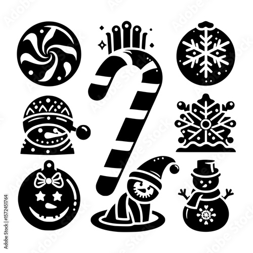 Festive christmas icons featuring snowflakes candy cane snowman and ornaments