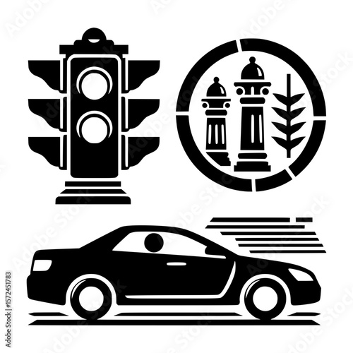 Urban icons traffic light city emblem and driving car