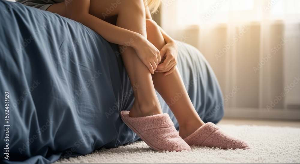 Obraz premium A woman in cozy slippers sits on a bed, reflecting on her day – a moment of tranquility and comfort.