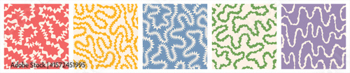 Seamless funky groovy abstract patterns set. Unusual trendy modern psychedelic maze repeat backgrounds collection. Uneven hand drawn zigzag spiky continuous distorted doodle endless line, stripe.
