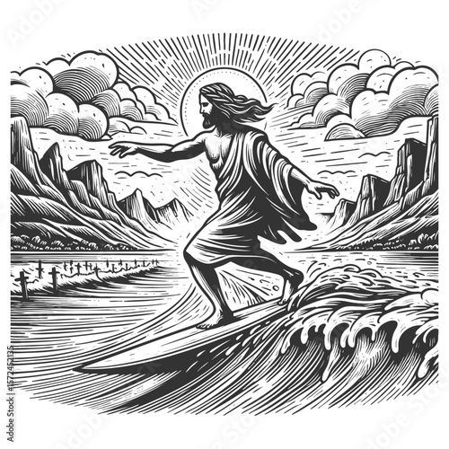Jesus Christ with radiant halo, riding a surfboard on crashing ocean waves sketch engraving generative ai fictional character vector illustration. Scratch board imitation. Black and white image.