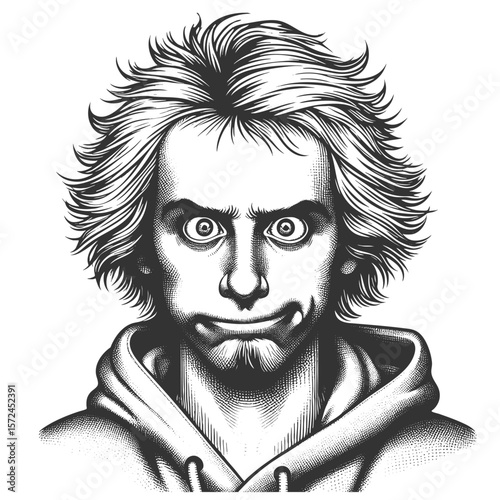 man with crazy hair and intense eyes, wearing a hoodie and making a ridiculous goofy face sketch engraving generative ai fictional character vector illustration. Scratch board. Black and white image.
