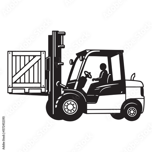 Vector illustration of a forklift carrying a wooden crate in monochrome style