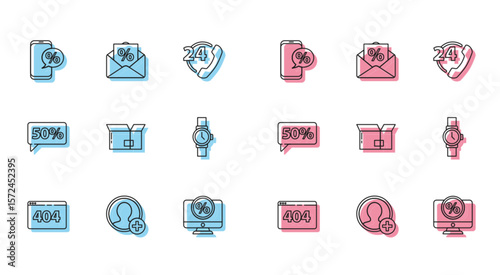 Set line Page with a 404 error, Create account screen, Percent discount and phone, monitor, Carton cardboard box, Wrist watch, Fifty percent tag and Envelope interest icon. Vector