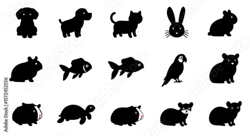 Collection of silhouette images depicting various common pet animals, including dogs, cats, rabbits, fish, birds, and rodents.