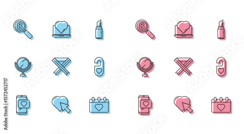 Set line Online dating app and chat, Heart cursor click, Search 8 March, Calendar with, Breast cancer awareness ribbon, Please do not disturb heart, Round makeup mirror and icon. Vector