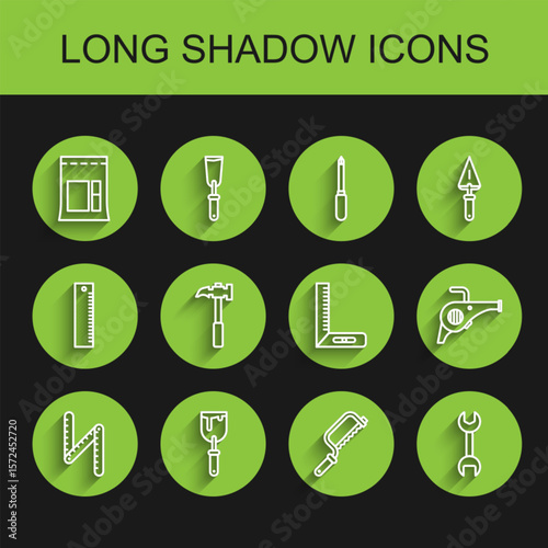 Set line Folding ruler, Putty knife, Cement bag, Hacksaw, Wrench spanner, Claw hammer, Leaf garden blower and Corner icon. Vector