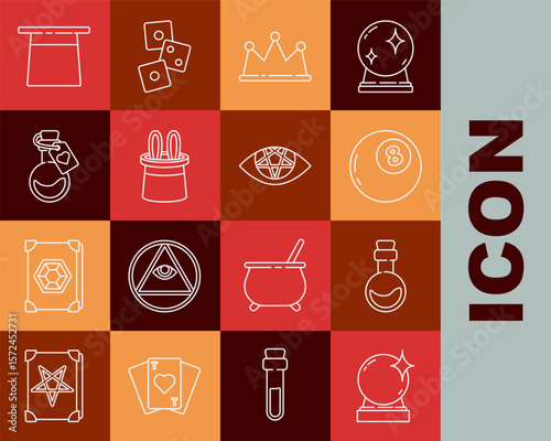 Set line Magic ball, Bottle with love potion, of predictions, Crown, Magician hat and rabbit ears, and Pentagram icon. Vector