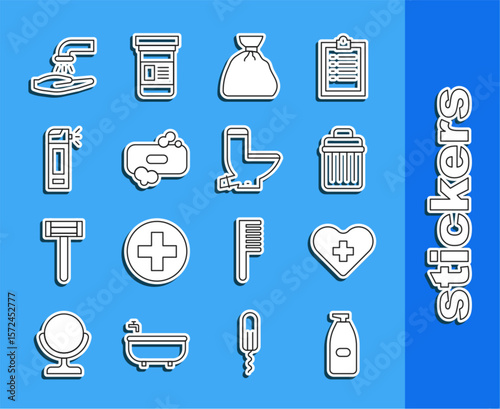 Set line Bottle of liquid antibacterial soap, Heart with cross, Trash can, Garbage bag, Bar, nozzle spray, Washing hands and Toilet bowl icon. Vector