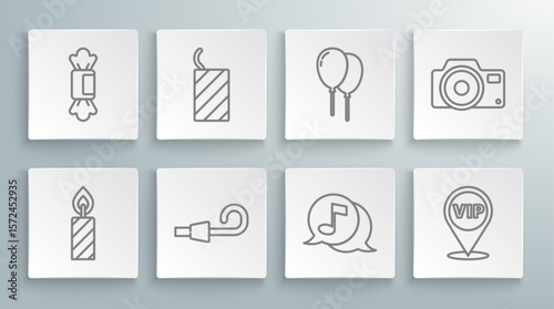 Set line Birthday cake candles, Firework rocket, party horn, Musical note in speech bubble, Location Vip, Balloons with ribbon, Photo camera and Candy icon. Vector