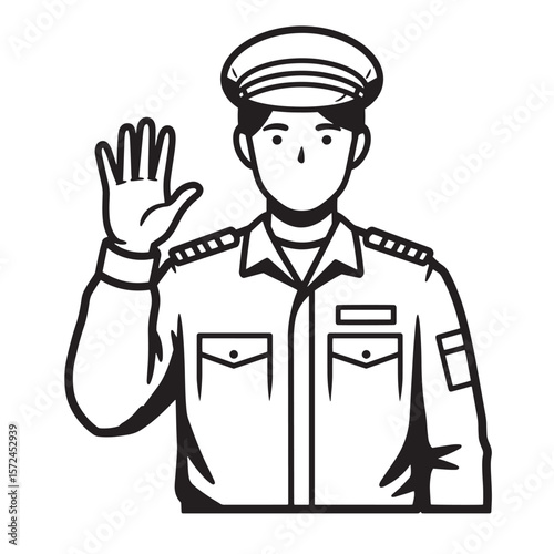 Vector illustration of a uniformed officer saluting with a raised hand in black and white