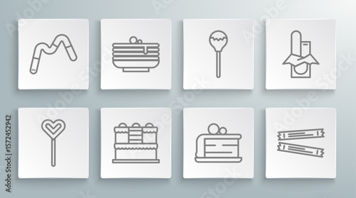 Set line Lollipop, Stack of pancakes, Cake, Piece, Sugar stick packets, Chocolate bar and Jelly worms candy icon. Vector