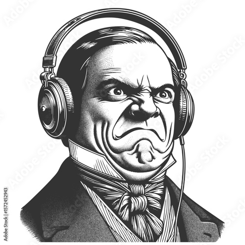 furious-looking man in vintage attire wearing modern headphones, reacting angrily to what he's hearing sketch engraving generative ai vector illustration. Scratch board. Black and white.