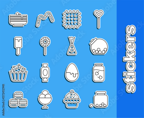 Set line Glass jar with candies inside, Strawberry jam, Cracker biscuit, Lollipop, Ice cream, Stack of pancakes and Candy icon. Vector