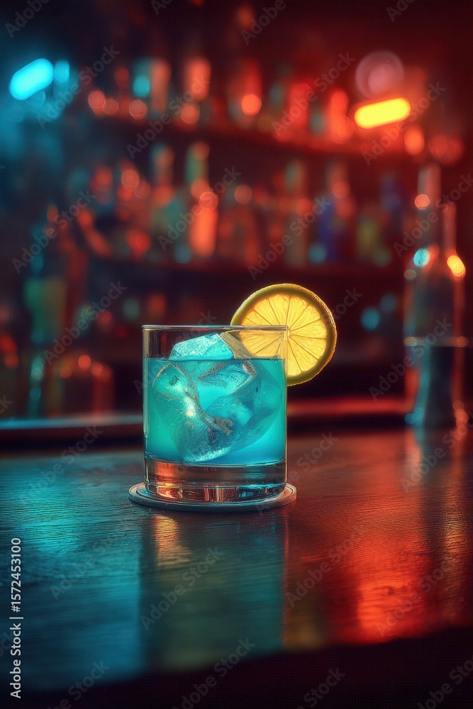 Blue lagoon cocktail served in a glass with ice and a lemon slice, placed on a wooden bar top, illuminated by colorful ambient lighting in a vibrant atmosphere Blue lagoon cocktail served in a glass with ice and a lemon slice, placed on a wooden bar top, illuminated by colorful ambient lighting in a vibrant atmosphere