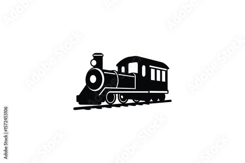 Vintage Steam Train Locomotive on Tracks Graphic Silhouette Illustration