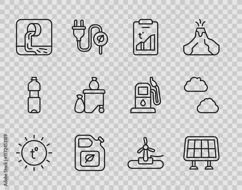 Set line Sun, Solar energy panel, Global warming, Bio fuel canister, Wastewater, Full dustbin, Wind turbine and Cloud icon. Vector